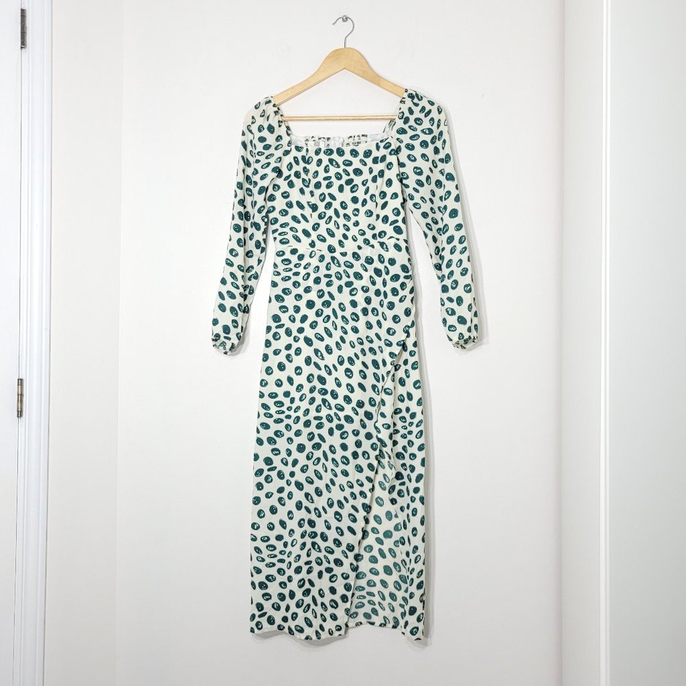 Ida & Irene Womens White & Green Polka Dots Long Sleeve Square Neck Midi Dress S